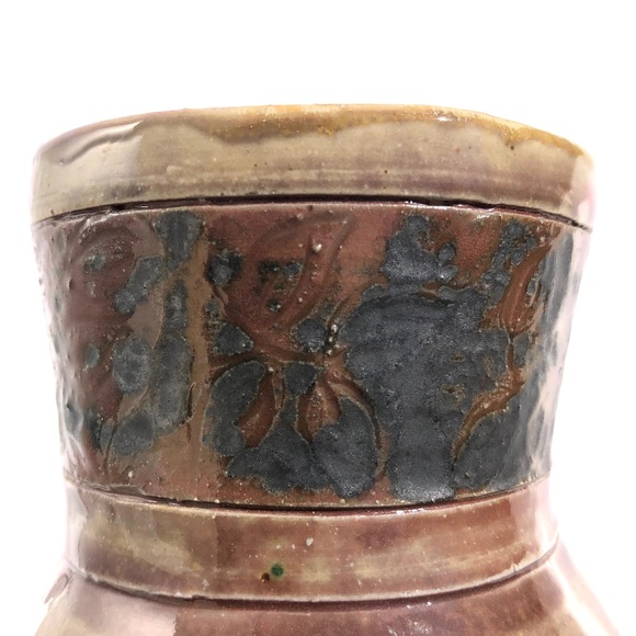 handmade pottery vase raku vessel leaves brown black blue drip 4 inches tall - Picture 7 of 16